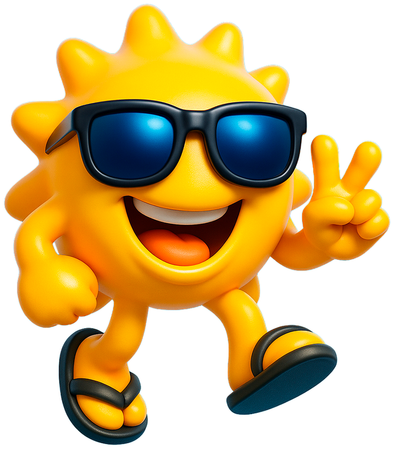 SUNNY, o mascote do Multi Sunset, fazendo sinal de paz